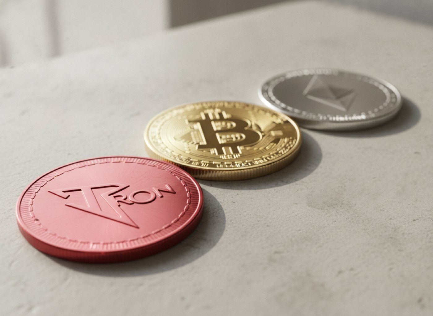 A TRON coin in front of a Bitcoin coin and an Ethereum coin