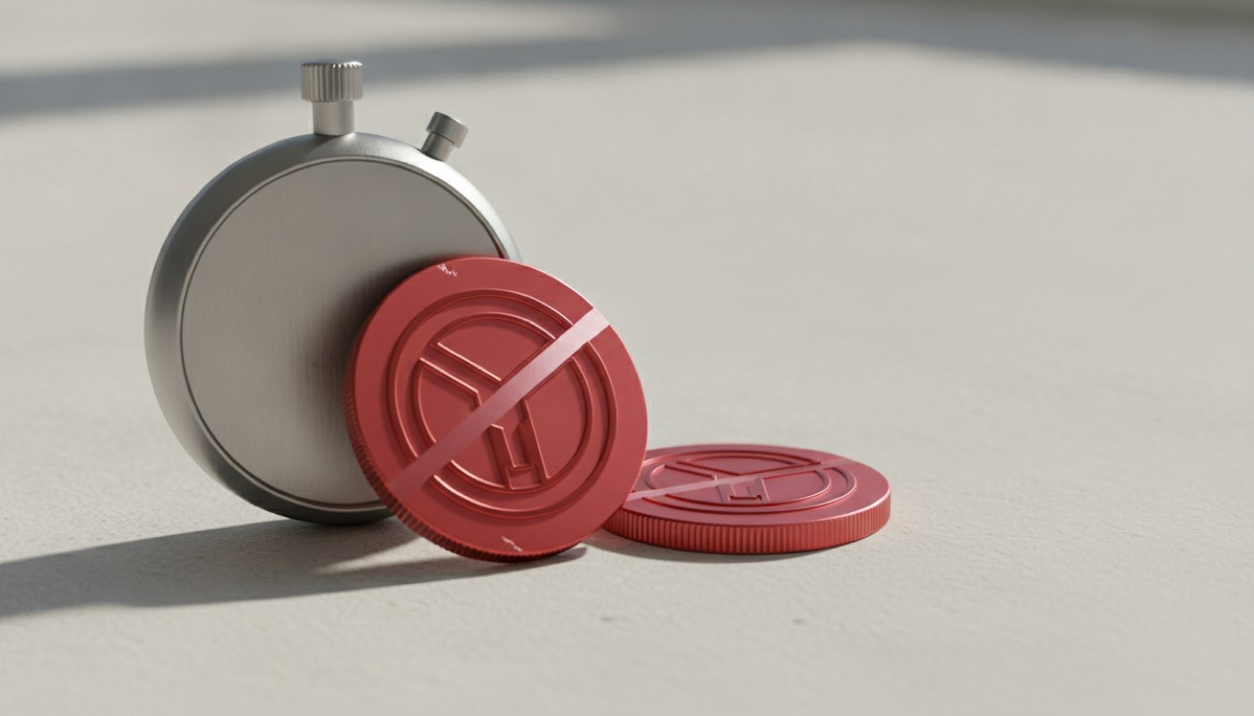 A stopwatch on concrete beside two TRON coins